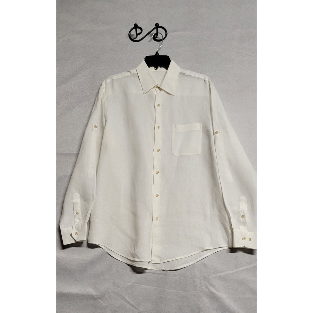 White Linen Ls Button Up Tasso Elba Dress Shirt Size M With 15 -15.5 Neck